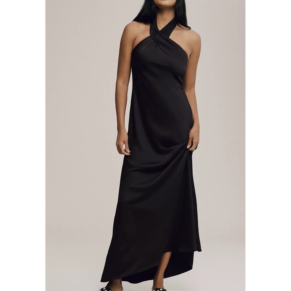 Anthropologie x BHLDN $220 Ruby Twist Halter Black Satin Gown Size 14